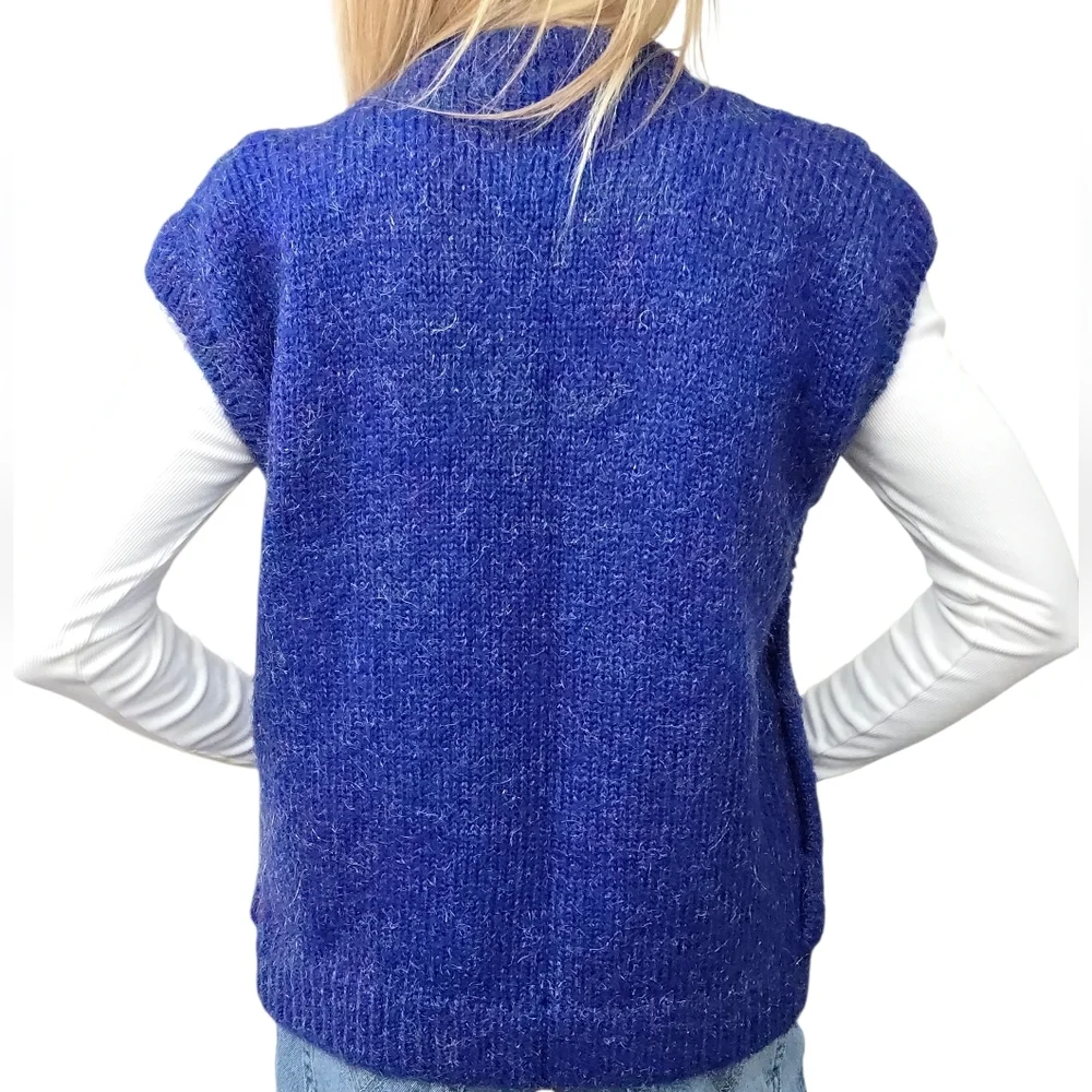Vintage 70s Metallic Knit Sweater Vest Cardigan Blue M